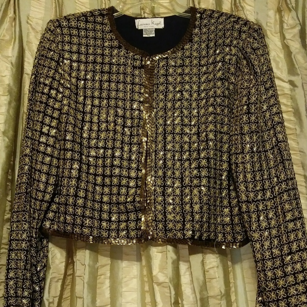 Vintage Laurence Kazar Black Silk Jacket with Gold Bugle Beads – Size PXL - Picture 8 of 8